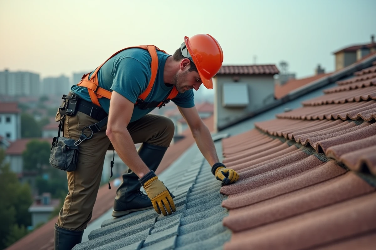 Couvreur vérifiant les tuiles du toit d