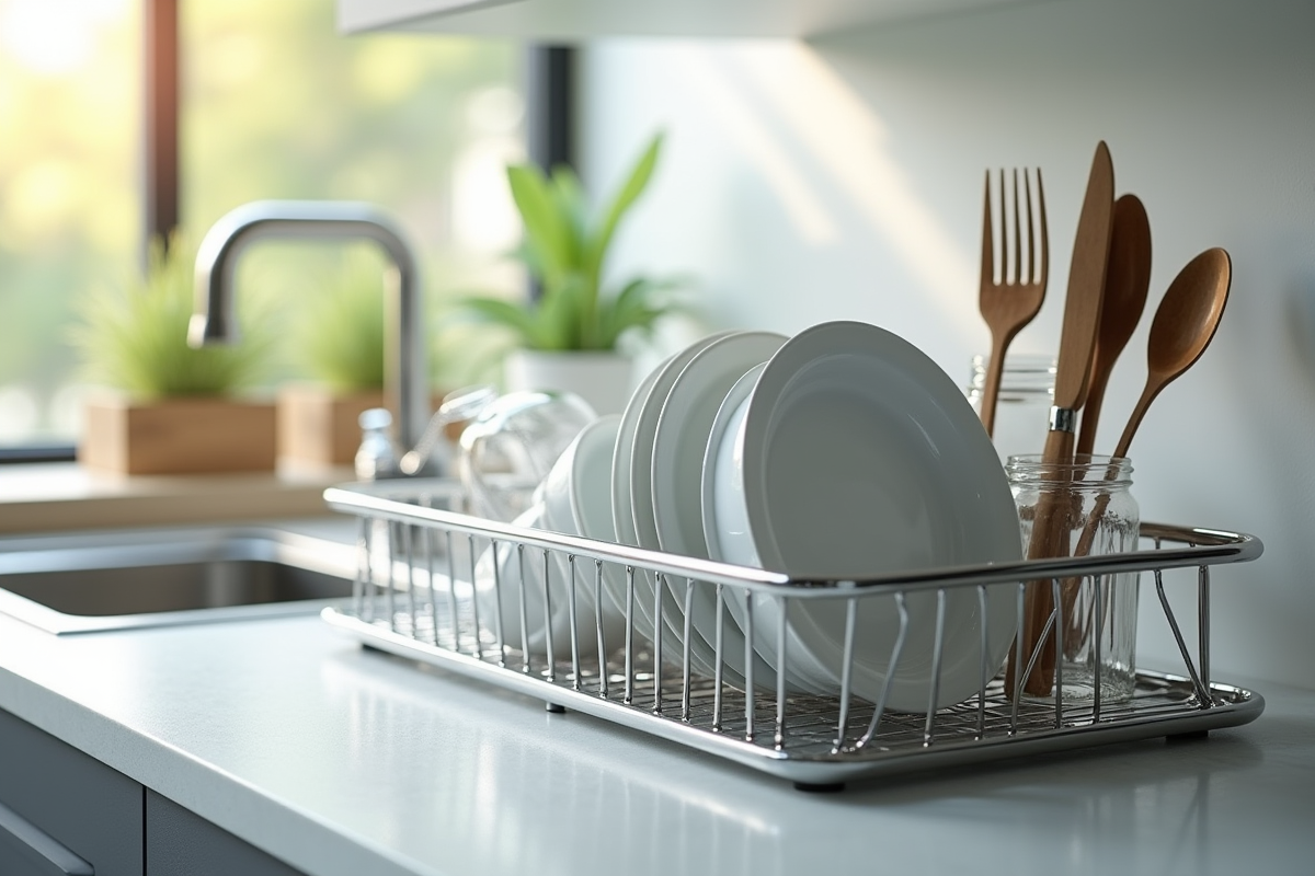 Plan d'une cuisine propre avec vaisselle sèche lumineuse