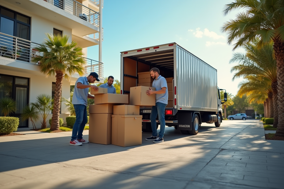 Chargement de meubles dans un camion devant un immeuble moderne