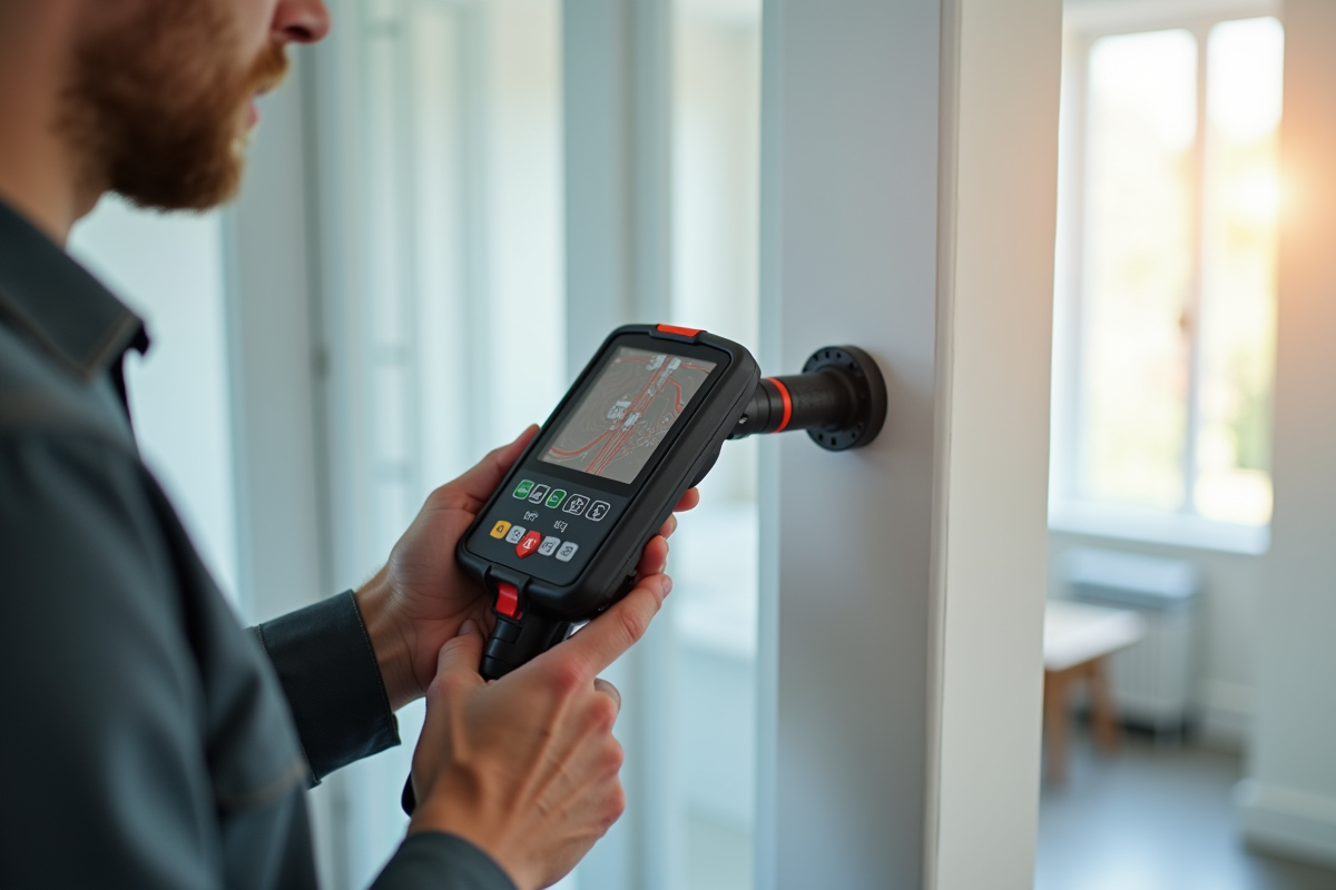 Technicien utilisant un détecteur de tuyaux électrique dans une maison moderne