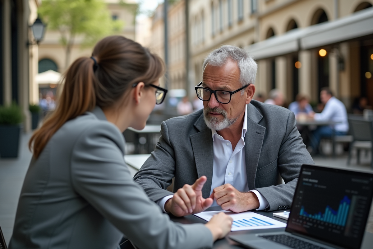 Homme en costume discutant en extérieur avec collègue