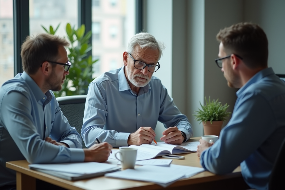 Homme d age discutant de papiers dans un bureau urbain