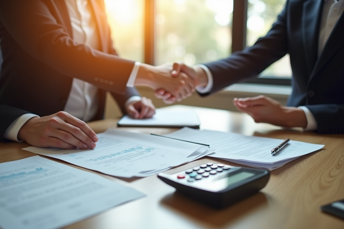 Échange de papiers et calculatrice sur un bureau ensoleillé