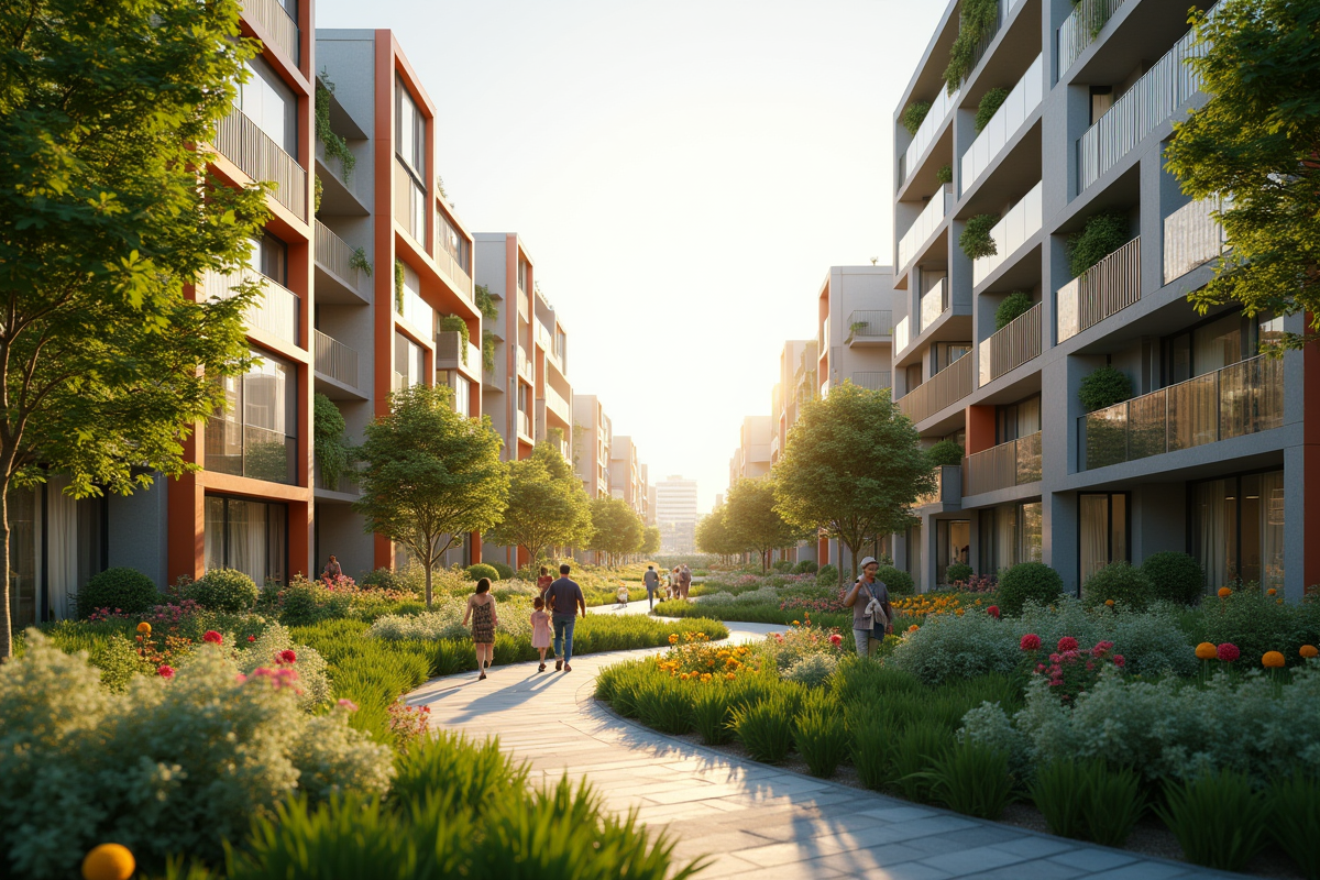 Ecodistrict moderne au matin avec verdure et familles