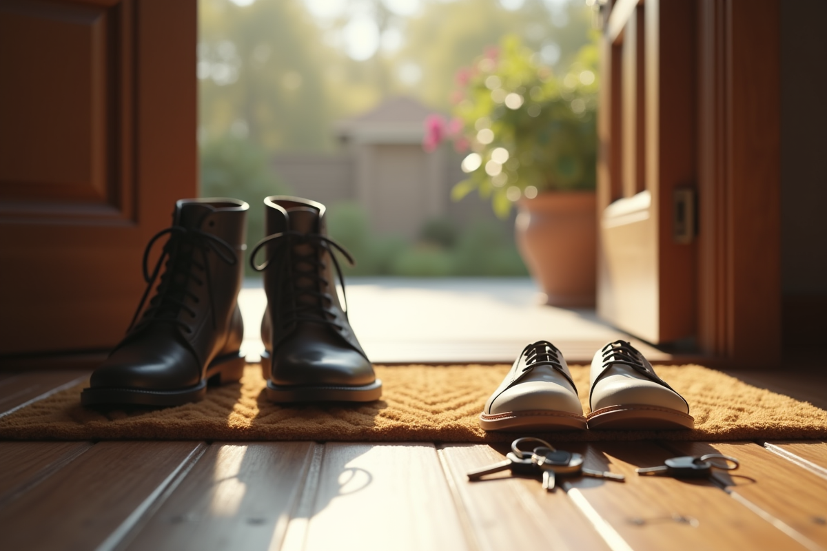 Entrée résidentielle avec chaussures et clés sur le paillasson