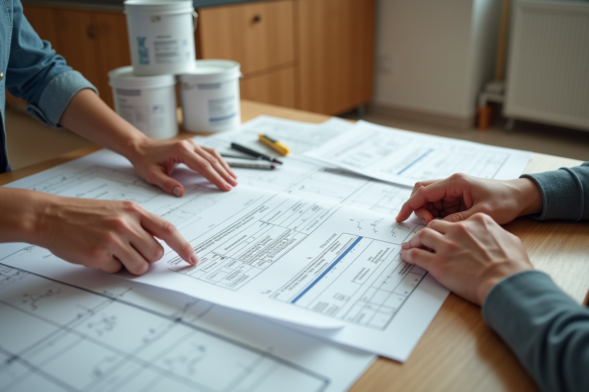 Gros plan sur mains examinant documents de construction