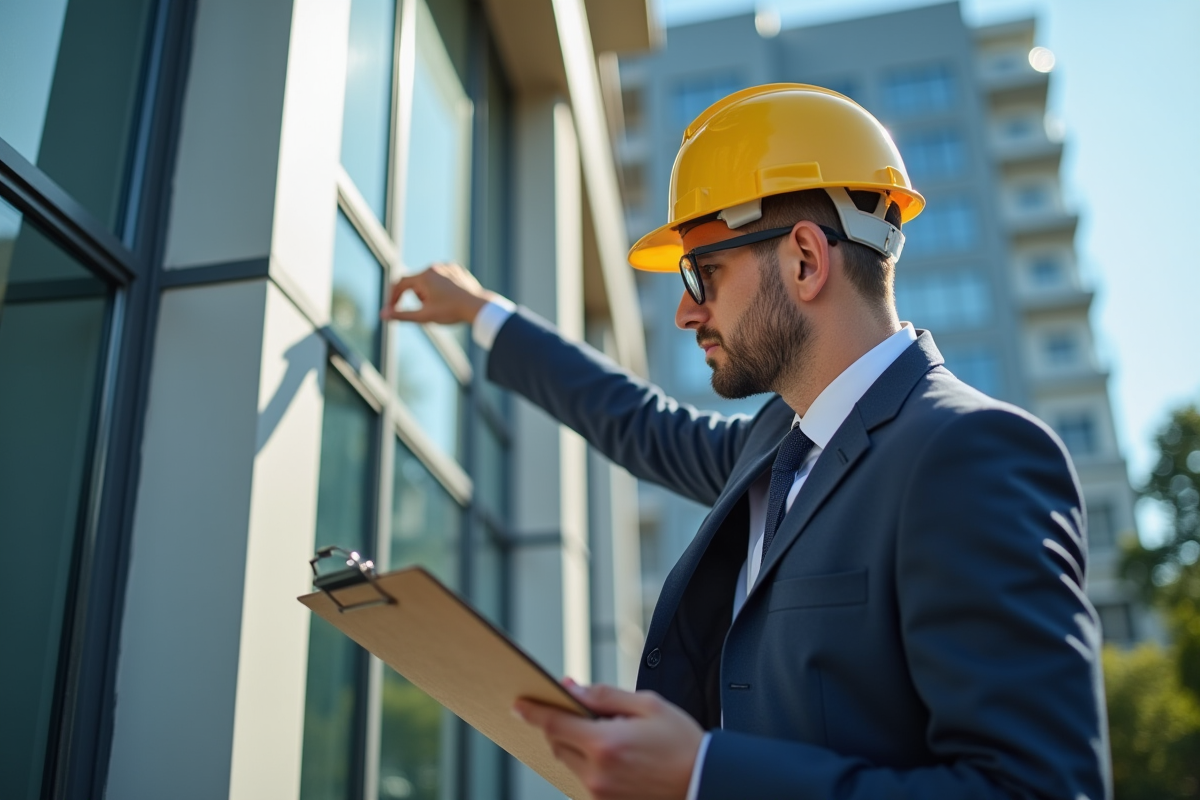 Expert en construction inspectant une façade moderne