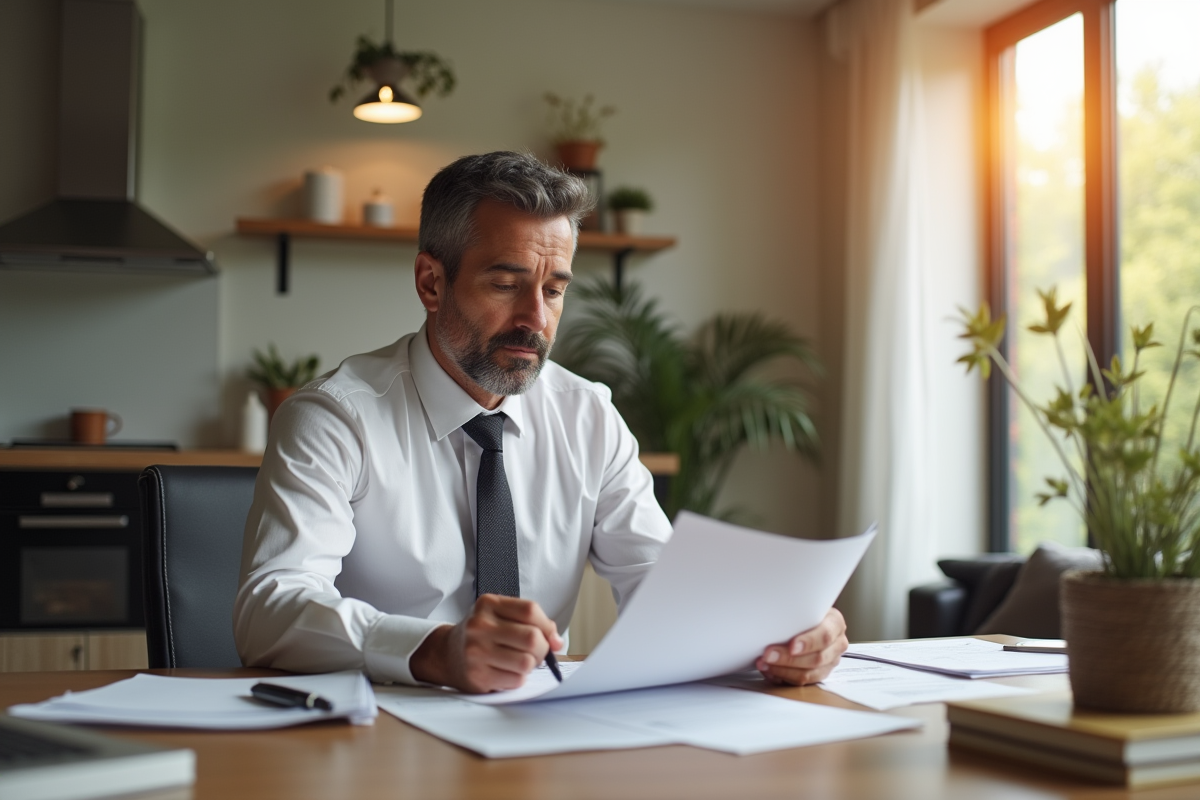 Expert immobilier analysant des documents dans un salon lumineux