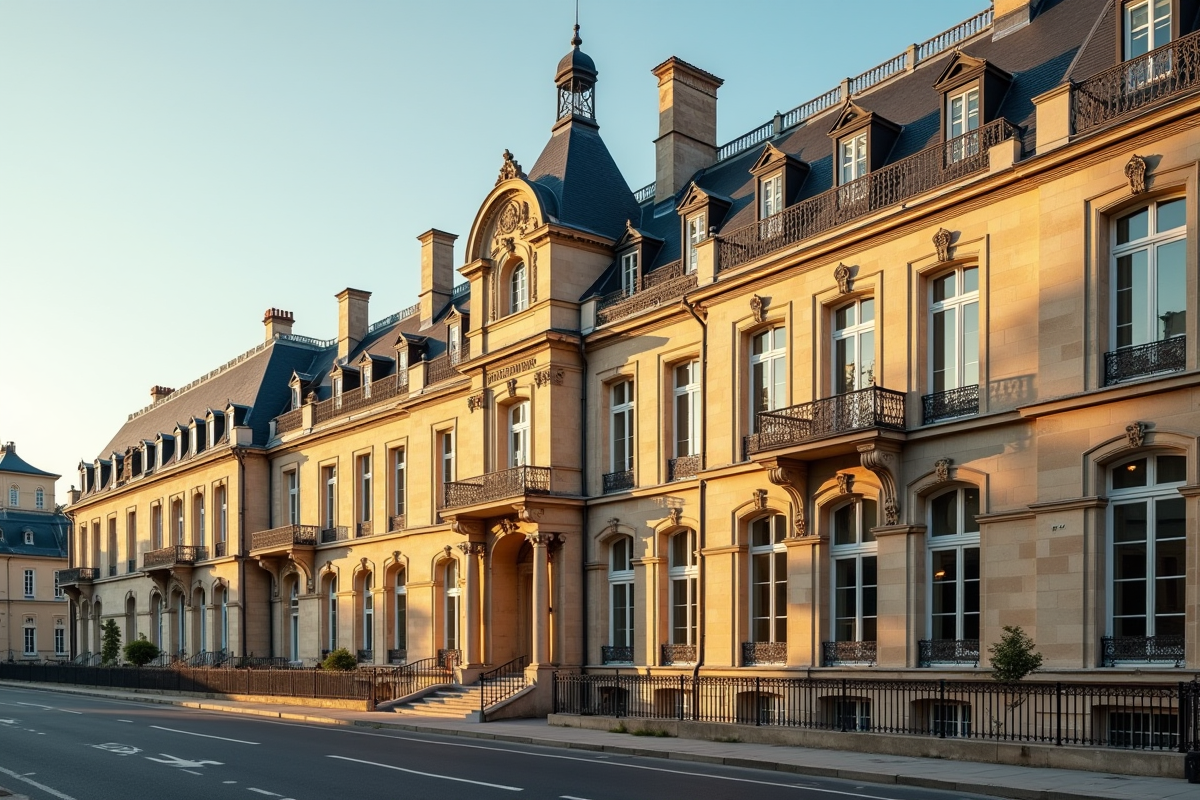 Bâtiment français classique restauré sous la lumière de l