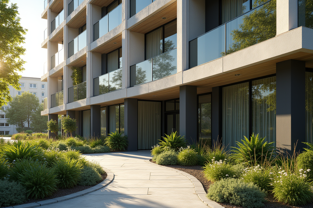 Façade d un immeuble moderne avec végétation et soleil