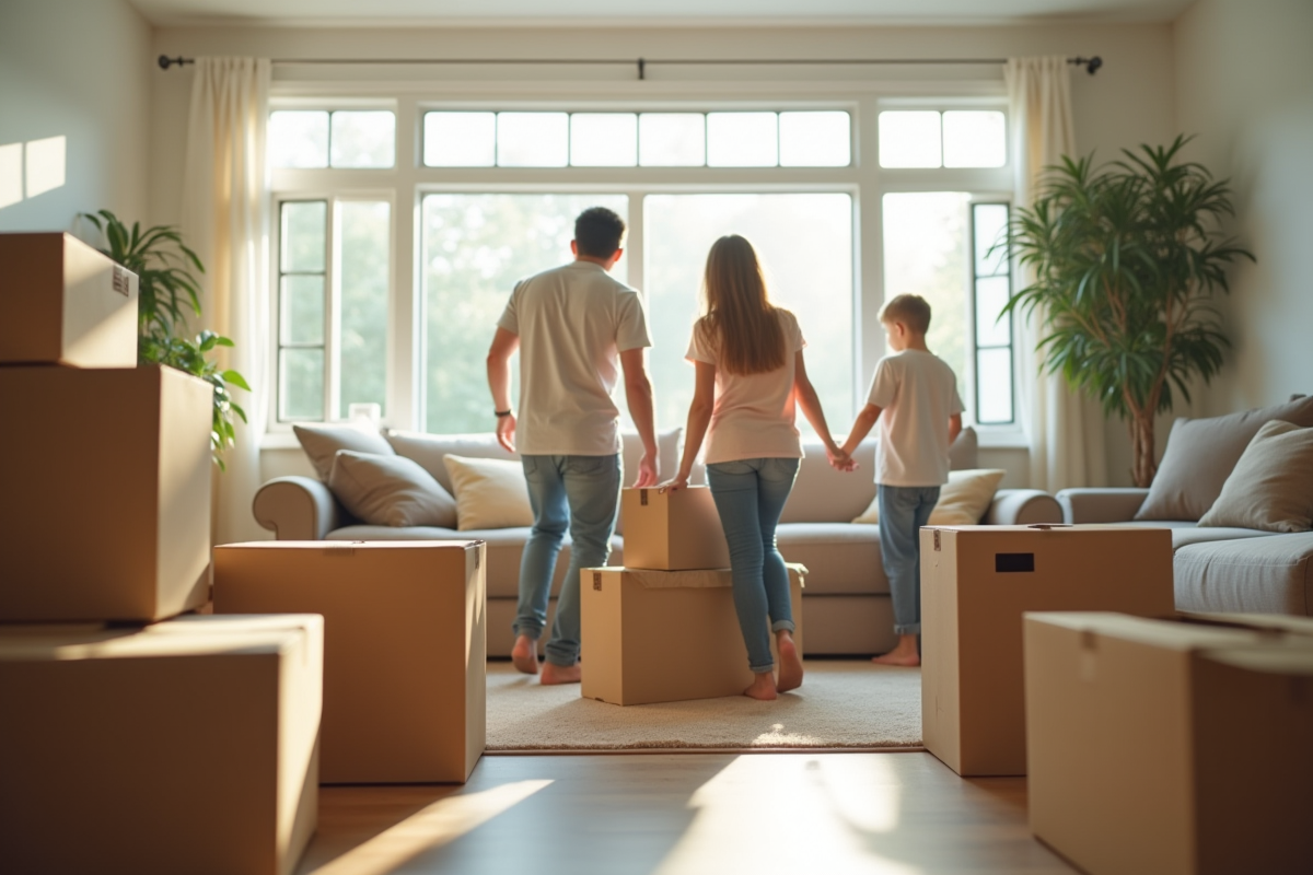 Famille emballant des cartons dans un salon lumineux