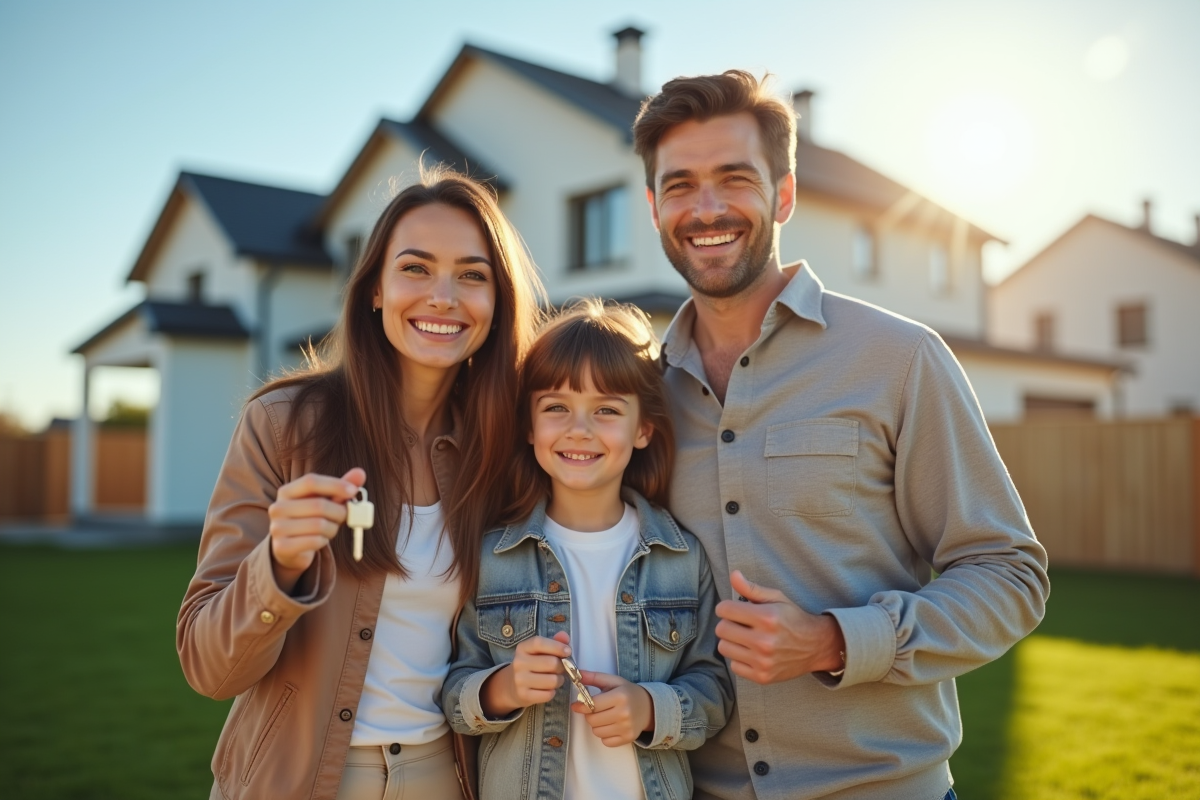 Famille heureuse devant leur nouvelle maison avec clés en main