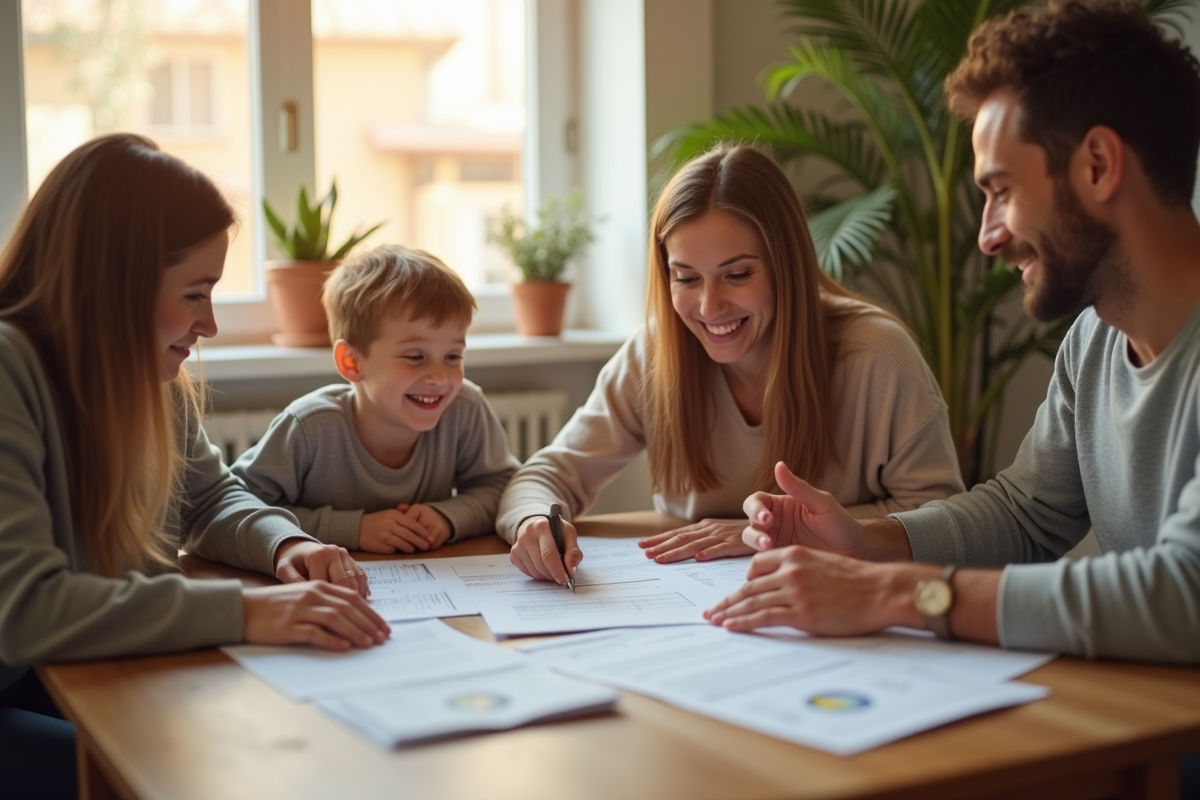 Famille heureuse examinant des documents à la maison