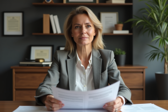 Femme d affaires examinant un contrat de location dans son bureau