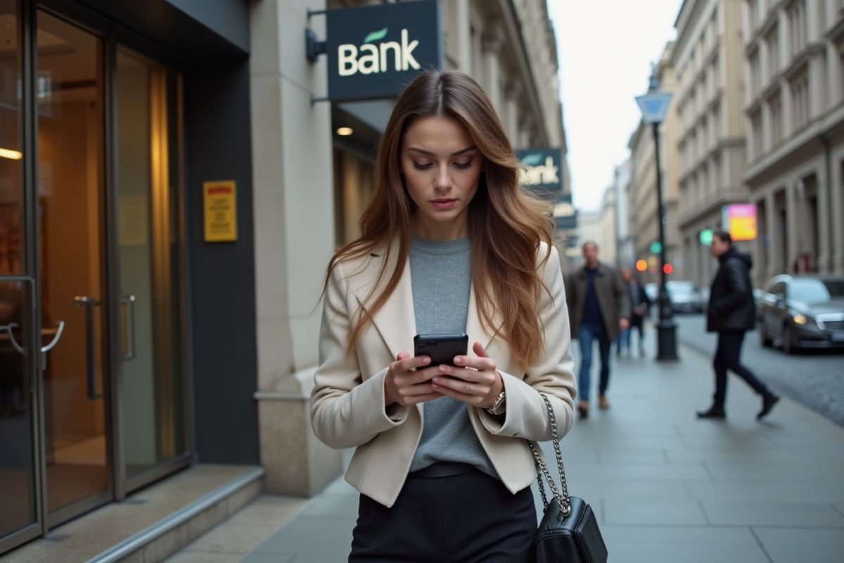 Jeune femme consulte son smartphone devant une banque