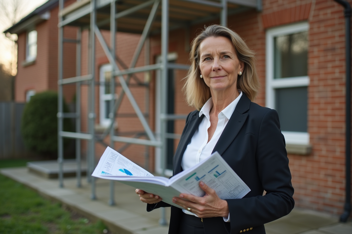 Femme élégante tenant dossier de travaux devant maison en rénovation