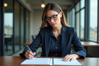Femme professionnelle lit un contrat dans un bureau moderne