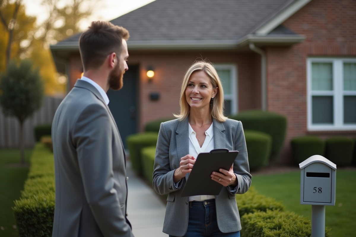 Femme professionnelle discutant avec un agent immobilier dehors