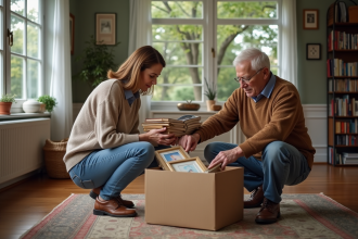 Femme d'âge moyen et homme âgé triant des livres dans le salon