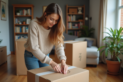 Jeune femme emballant une bo&icirc;te de d&eacute;m&eacute;nagement dans un appartement