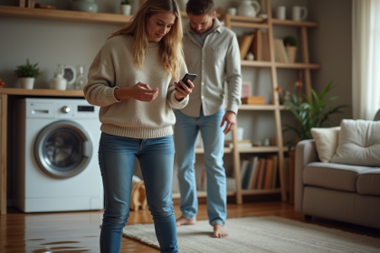 Femme inquiète devant une fuite d'eau dans le salon