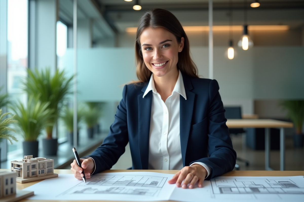Femme confiante en bureau immobilier avec plans