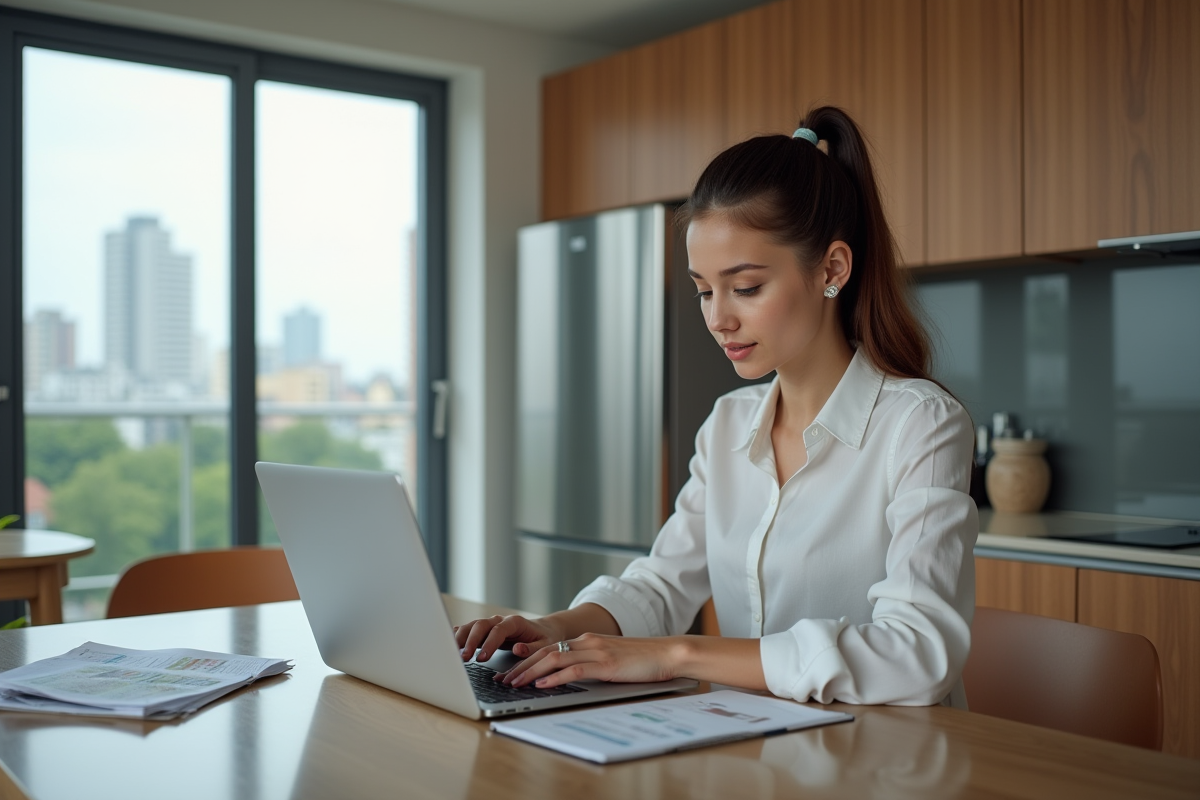Jeune femme travaillant sur son ordinateur dans une cuisine moderne