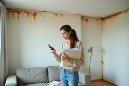 Jeune femme inquiète devant un plafond humide dans un appartement