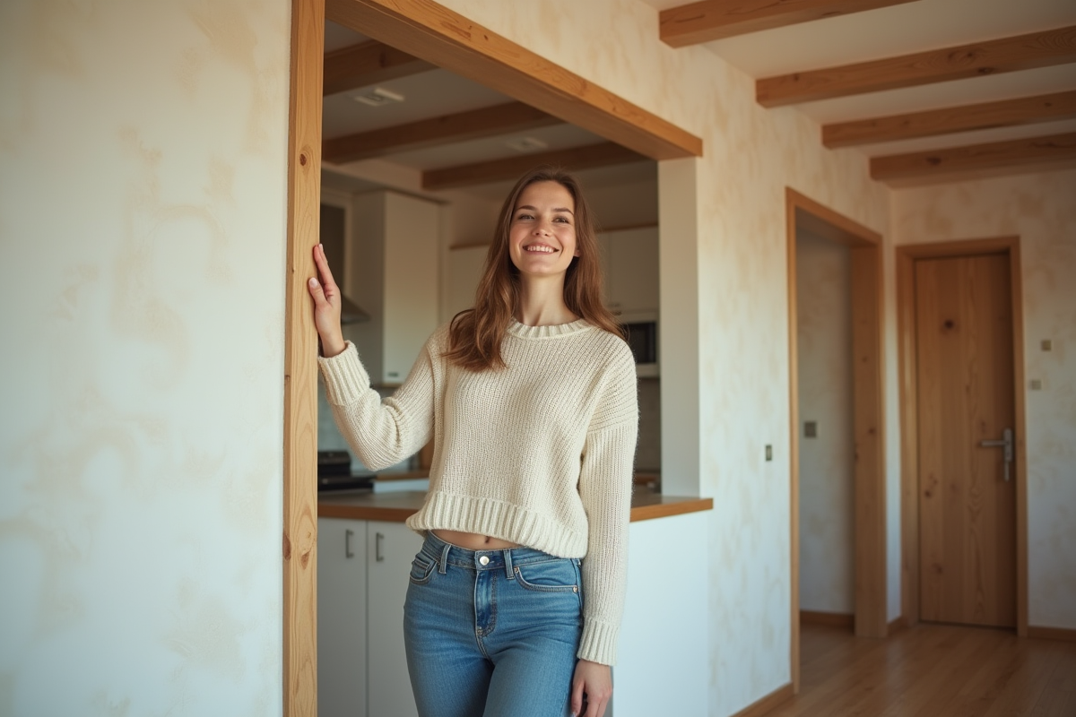 Jeune femme dans une maison des années 90 touche un mur avec nostalgie
