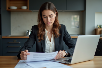 Femme en costume examinant des documents immobiliers