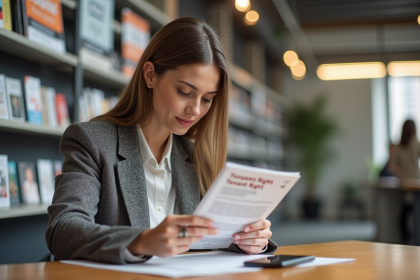 Femme lisant une brochure sur les droits des locataires