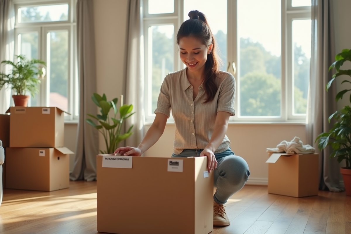 Femme rangeant des objets dans des cartons dans un salon lumineux