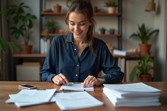 Jeune femme organise papiers dans son appartement