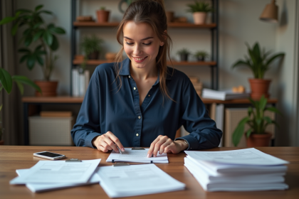 Jeune femme organise papiers dans son appartement