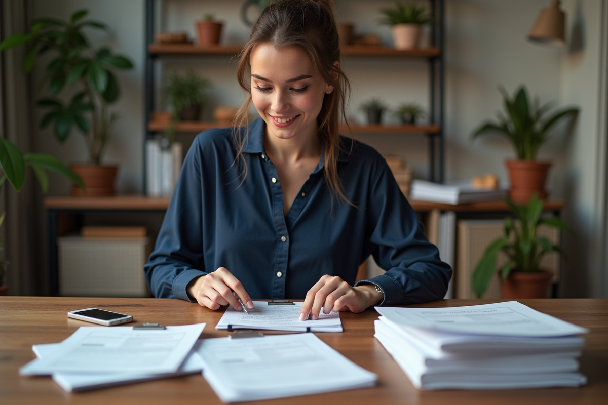 Jeune femme organise papiers dans son appartement