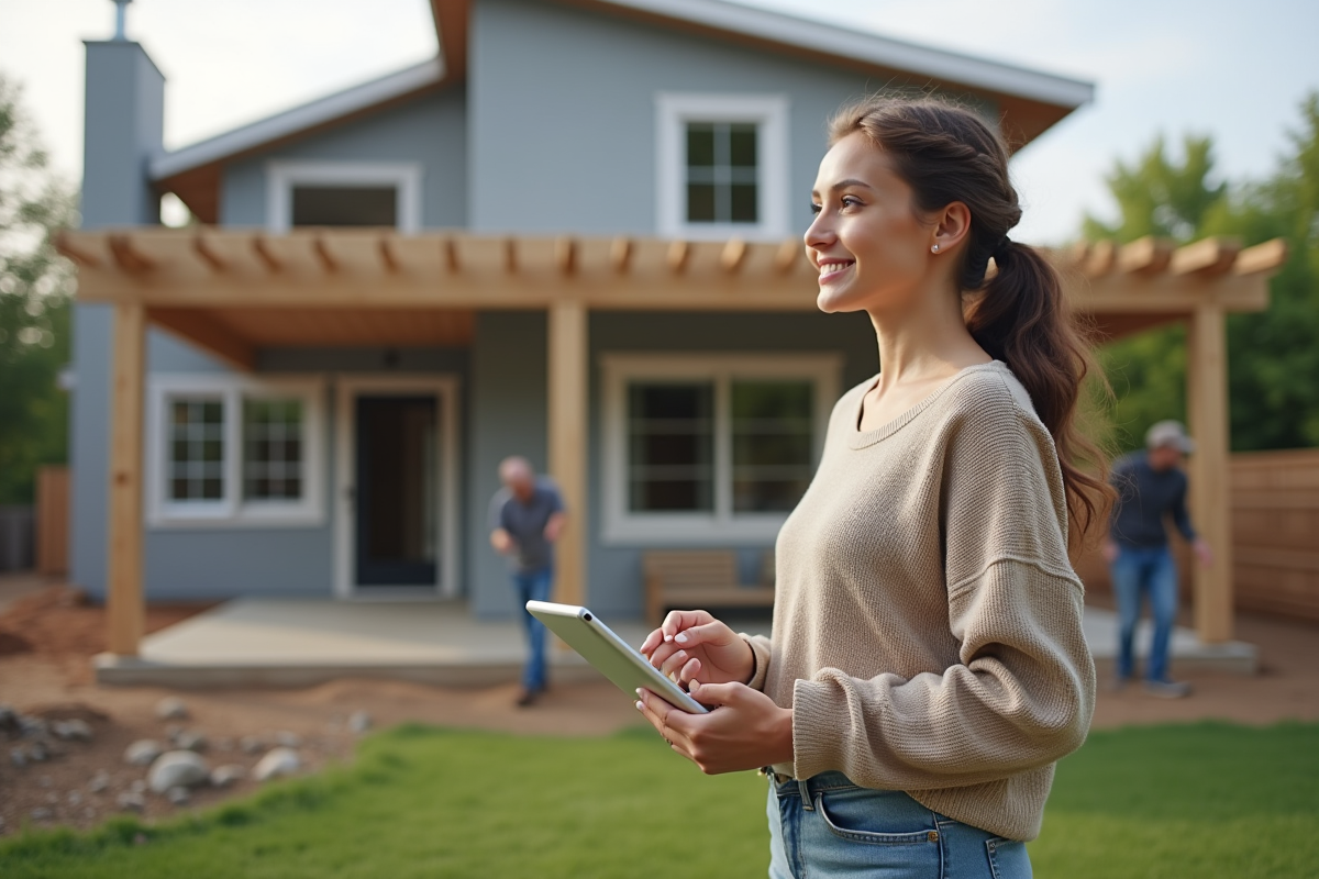 Jeune femme souriante regardant maison en travaux