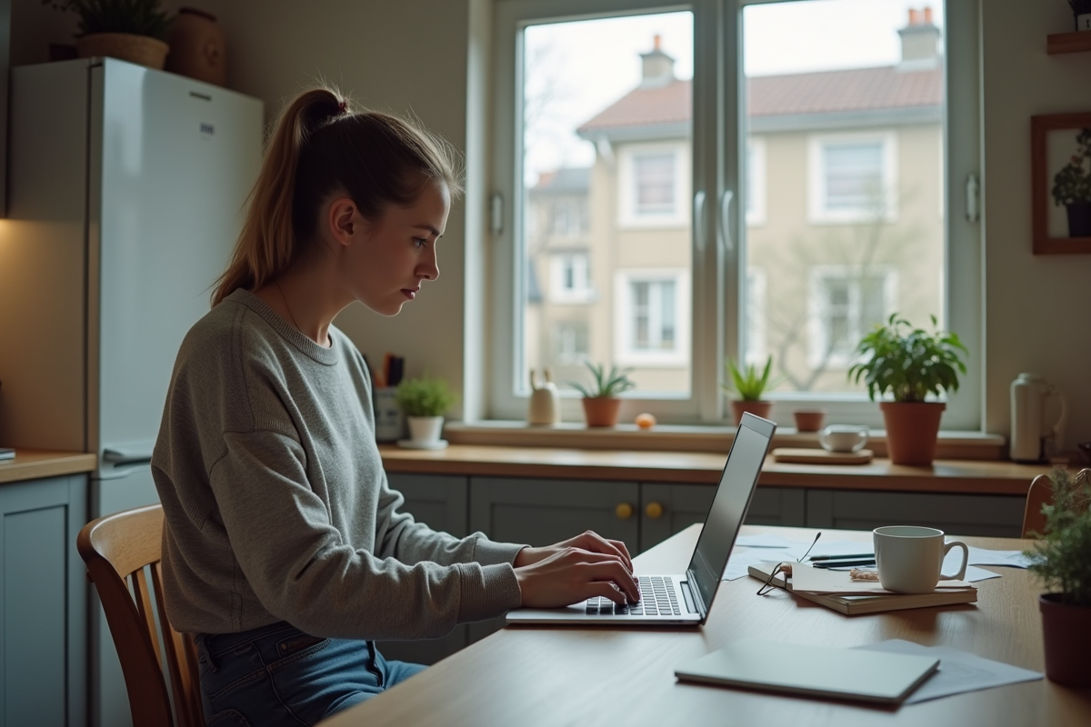 Jeune femme cherchant logement sur son ordinateur à la maison