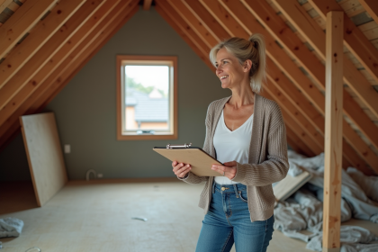 Femme examinant les poutres en bois dans un grenier en r&eacute;novation