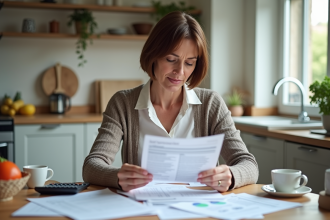 Femme d'âge moyen examine des documents fiscaux à la maison