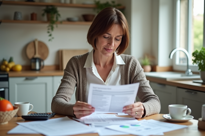 Femme d'&acirc;ge moyen examine des documents fiscaux &agrave; la maison