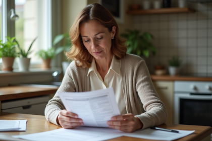 Femme d'âge moyen examinant des documents fiscaux à la maison