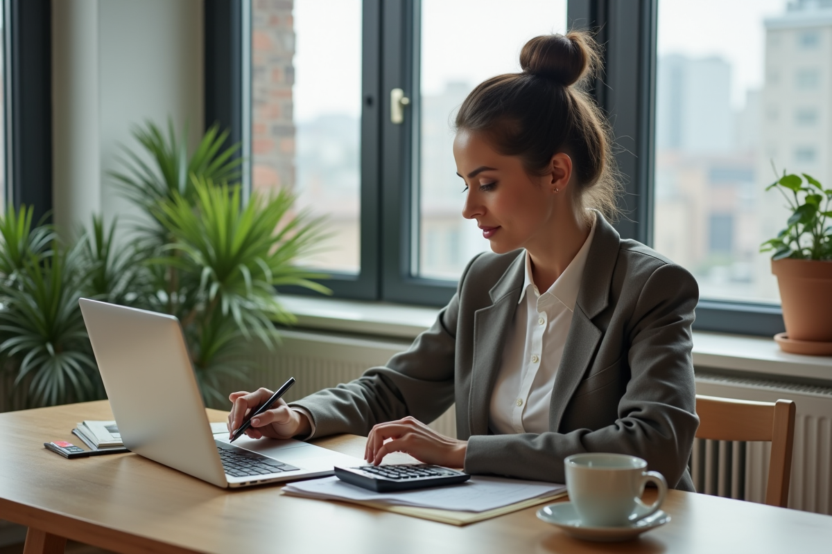 Jeune femme au bureau à domicile avec ordinateur et documents financiers