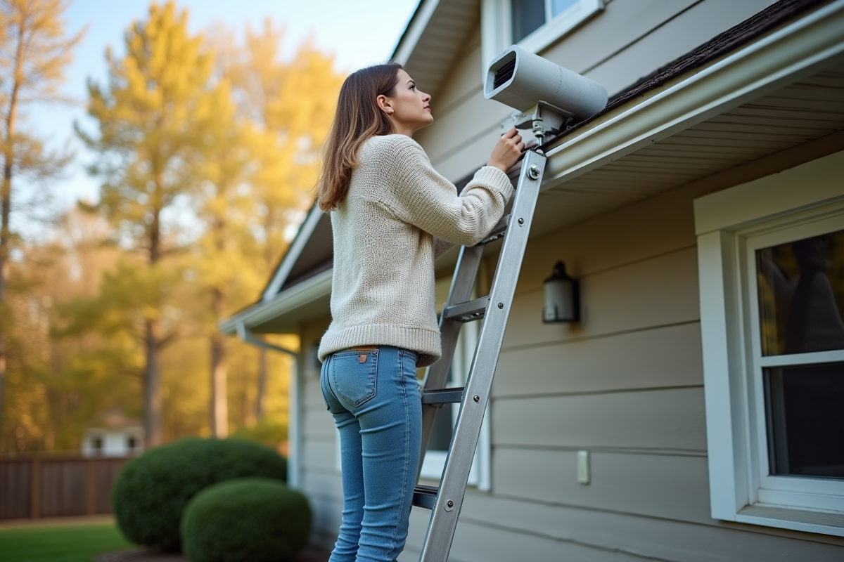 Jeune femme vérifiant une turbine de ventilation sur le toit