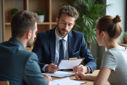 Gestionnaire immobilier en costume navy avec locataires