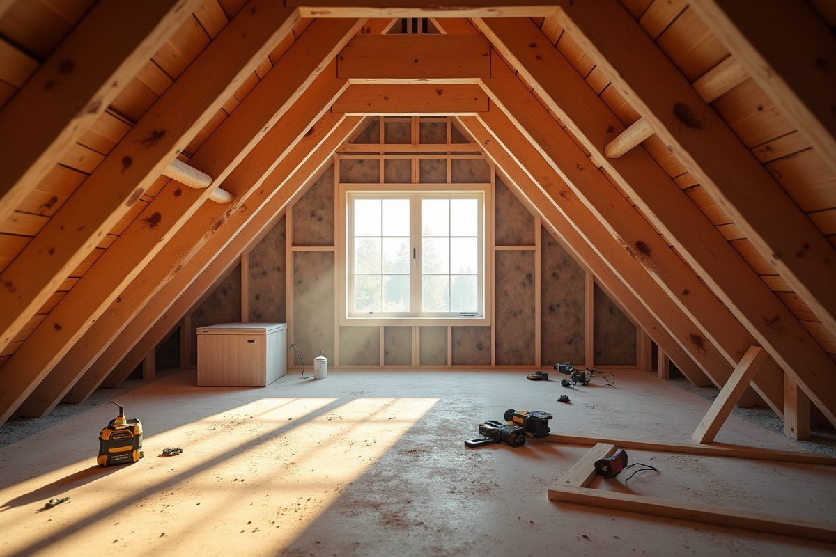 Grenier en rénovation avec isolation et outils de construction