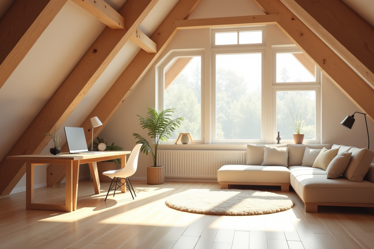 Grenier rénové en espace de vie lumineux avec poutres en bois