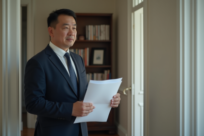 Homme d affaires en costume avec papiers dans un appartement