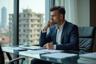 Homme d'affaires en costume dans un bureau moderne avec vue urbaine