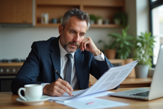 Homme d'affaires examine ses factures à la maison