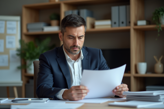Homme d'affaires en costume lisant des documents dans un bureau